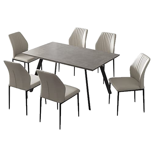 ZckyCine Modern 7-Piece Rectangular Wooden Dining Table Set with 6 Soft Dining Chairs in Grey