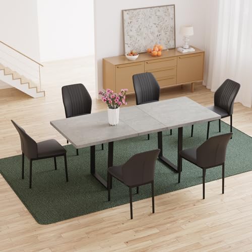 ZckyCine Modern Mid-Century Dining Table Set for 6-8 People Kitchen Dining Room Table Set Extendable Wood Dining Table and 6 Upholstered Chairs
